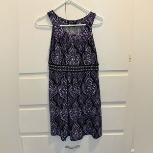 Purple black and white sleeveless dress.